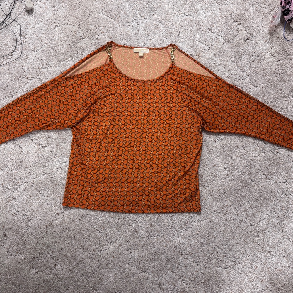 Michael Kors Orange Chain-Shoulder Cold-Shoulder Knit Top